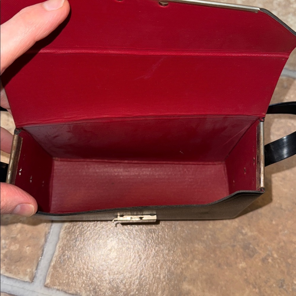 VINTAGE black pleather handbag red interior antique? - Picture 2 of 6